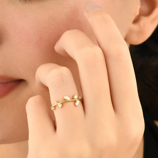 Taşlı Yaprak 14 Ayar Altın Yüzük