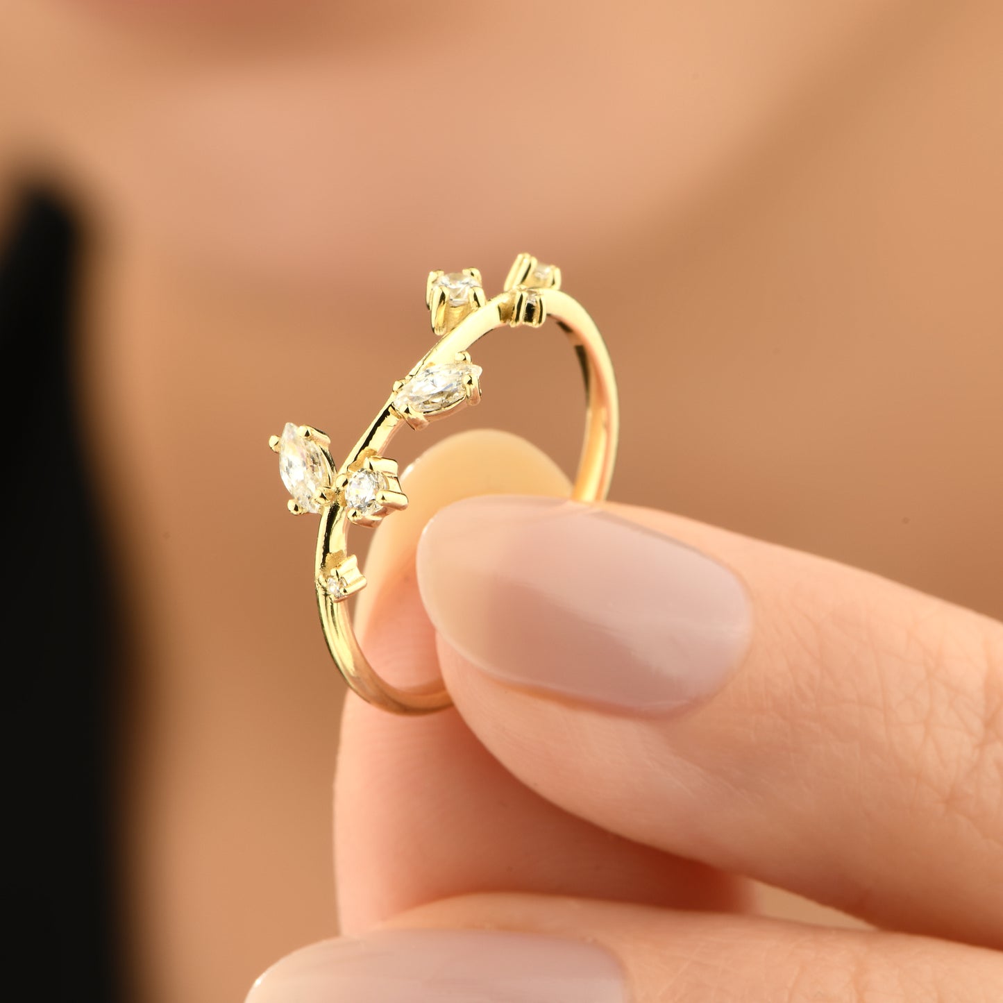 Taşlı Yaprak 14 Ayar Altın Yüzük