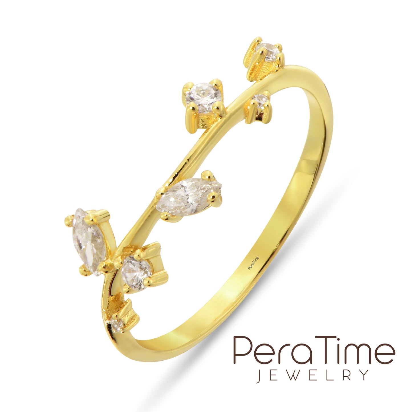 Taşlı Yaprak 14 Ayar Altın Yüzük