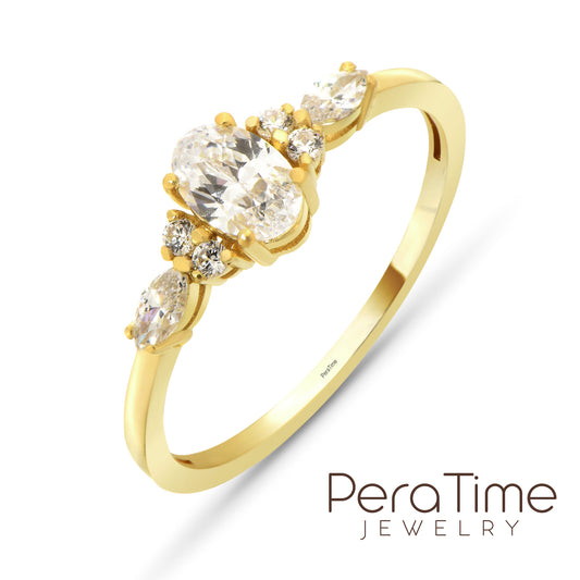 Oval Kesim Tasarım Altın Tektaş Yüzük