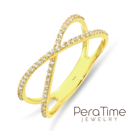 Taşlı Çapraz X Altın Yüzük