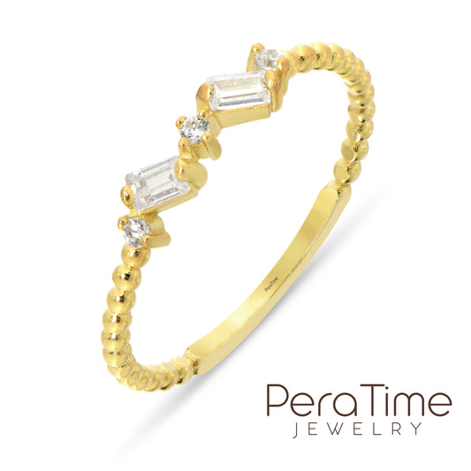 Boncuk Detaylı Baget Tasarım Altın Yüzük