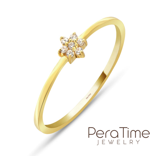 Minimal Çiçek Tasarım 14 Ayar Altın Yüzük