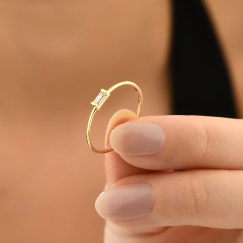 14K Minimal Baguette Stone Gold Ring - Detay Fotoğrafı Önizlemesi -5