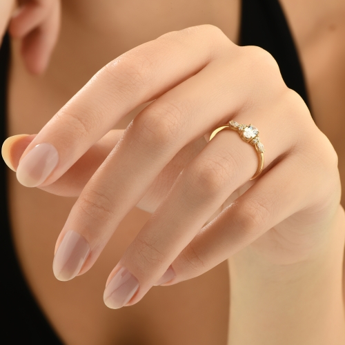 14K Solid Gold Oval Cut Engagement Ring - Detay Fotoğrafı Önizlemesi -5