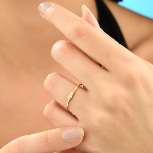 14K Minimal Baguette Stone Gold Ring - Detay Fotoğrafı Önizlemesi -5