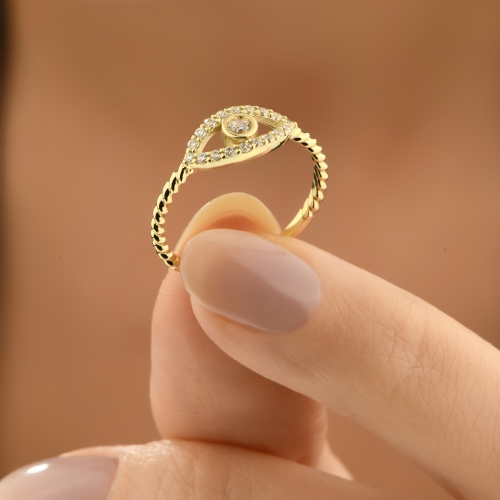 14k Gold Evil Eye Ring, Delicate Ring, Diamond Ring, Minimalist Evil Eye Ring, Twist Rope Evil Eye Ring, Christmas Gift, Mothers Protection - Detay Fotoğrafı Önizlemesi -5