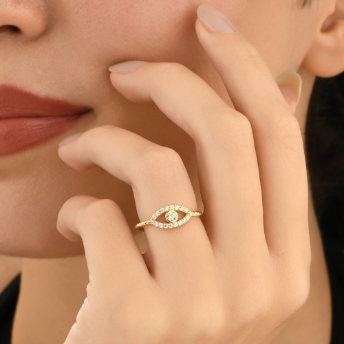 14k Gold Evil Eye Ring, Delicate Ring, Diamond Ring, Minimalist Evil Eye Ring, Twist Rope Evil Eye Ring, Christmas Gift, Mothers Protection - Detay Fotoğrafı Önizlemesi -5