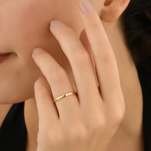 14k Solid Gold Flat Beaded Ring, Thin Pointer Finger Ring, Unique Thumb Ring, Minimalist Gold Ring, Bubble Ball Dot Ring, Christmas Gift - Detay Fotoğrafı Önizlemesi -5