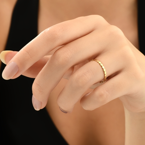 14k Solid Gold Flat Beaded Ring, Thin Pointer Finger Ring, Unique Thumb Ring, Minimalist Gold Ring, Bubble Ball Dot Ring, Christmas Gift - Detay Fotoğrafı Önizlemesi -5
