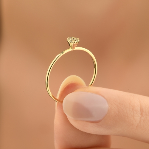 Daisy Diamond 14K Solid Gold Ring / Minimalist Floral Wedding Ring - Detay Fotoğrafı Önizlemesi -4