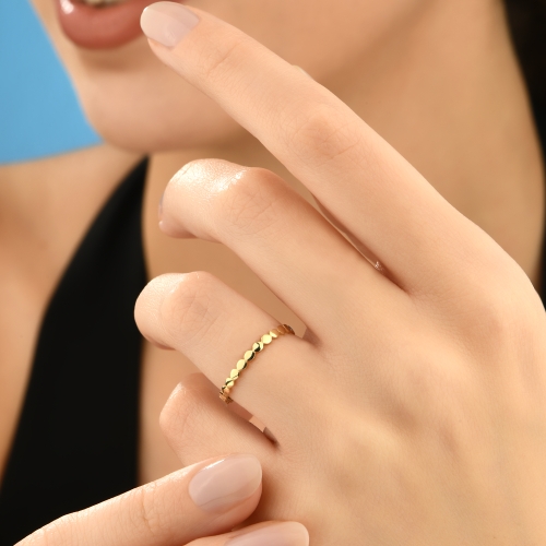 14k Solid Gold Flat Beaded Ring, Thin Pointer Finger Ring, Unique Thumb Ring, Minimalist Gold Ring, Bubble Ball Dot Ring, Christmas Gift - Detay Fotoğrafı Önizlemesi -5