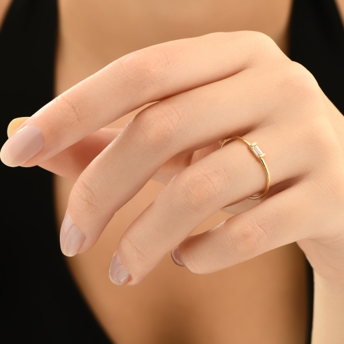 14K Minimal Baguette Stone Gold Ring - Detay Fotoğrafı Önizlemesi -5