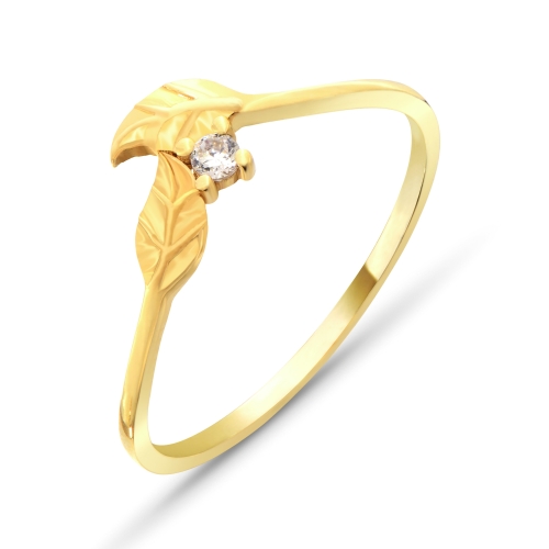 14K Minimal Leaf Gold Ring with Stone Detail - Detay Fotoğrafı Önizlemesi -5