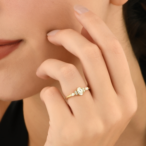 14K Solid Gold Oval Cut Engagement Ring - Detay Fotoğrafı Önizlemesi -5