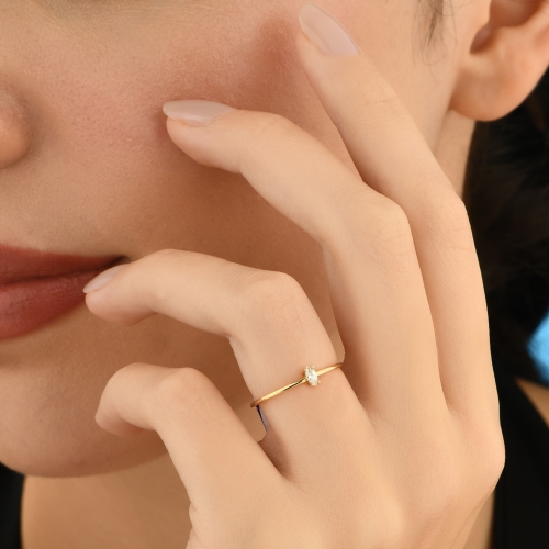 14K Minimal Marquise Stone Gold Ring - Detay Fotoğrafı Önizlemesi -4