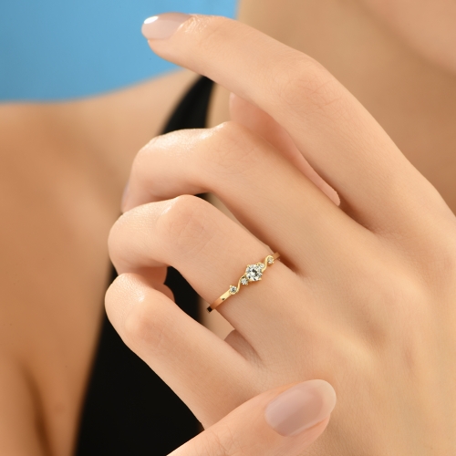 14K Gold Vintage Wedding Ring, Dainty Gold Diamond Engagement Ring, Diamond Bridal Wedding Ring, Dainty Promise Ring, Anniversary Gift - Detay Fotoğrafı Önizlemesi -5