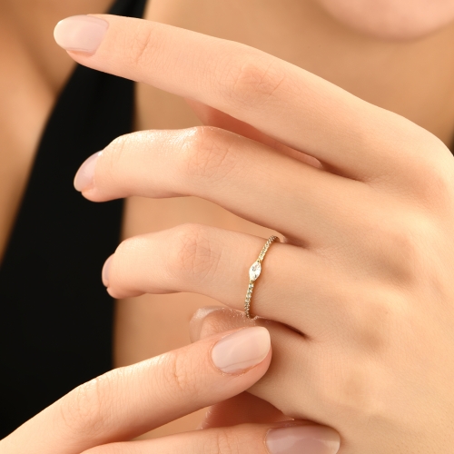 East West Solid Gold Wedding Ring / Marquise Cut Wedding Band - Detay Fotoğrafı Önizlemesi -4