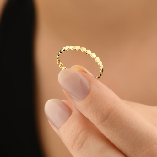 14k Solid Gold Flat Beaded Ring, Thin Pointer Finger Ring, Unique Thumb Ring, Minimalist Gold Ring, Bubble Ball Dot Ring, Christmas Gift - Detay Fotoğrafı Önizlemesi -5