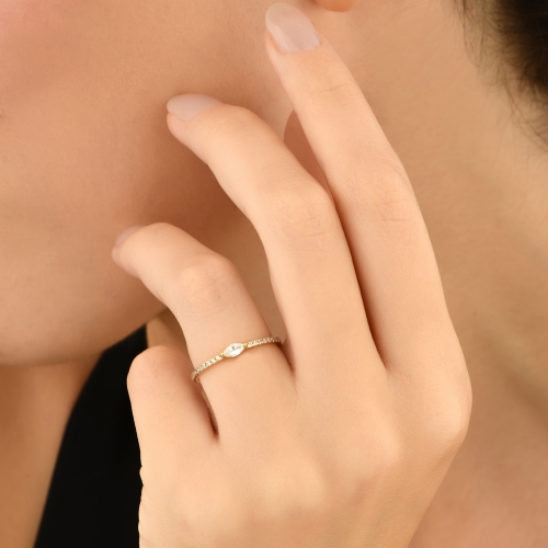 East West Solid Gold Wedding Ring / Marquise Cut Wedding Band - Detay Fotoğrafı Önizlemesi -4
