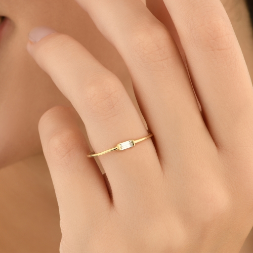 14K Minimal Baguette Stone Gold Ring - Detay Fotoğrafı Önizlemesi -5