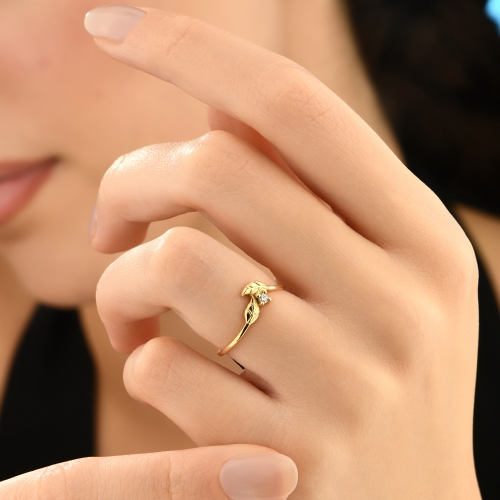 14K Minimal Leaf Gold Ring with Stone Detail - Detay Fotoğrafı Önizlemesi -5
