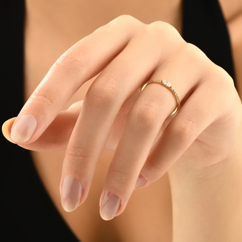 East West Solid Gold Wedding Ring / Marquise Cut Wedding Band - Detay Fotoğrafı Önizlemesi -4